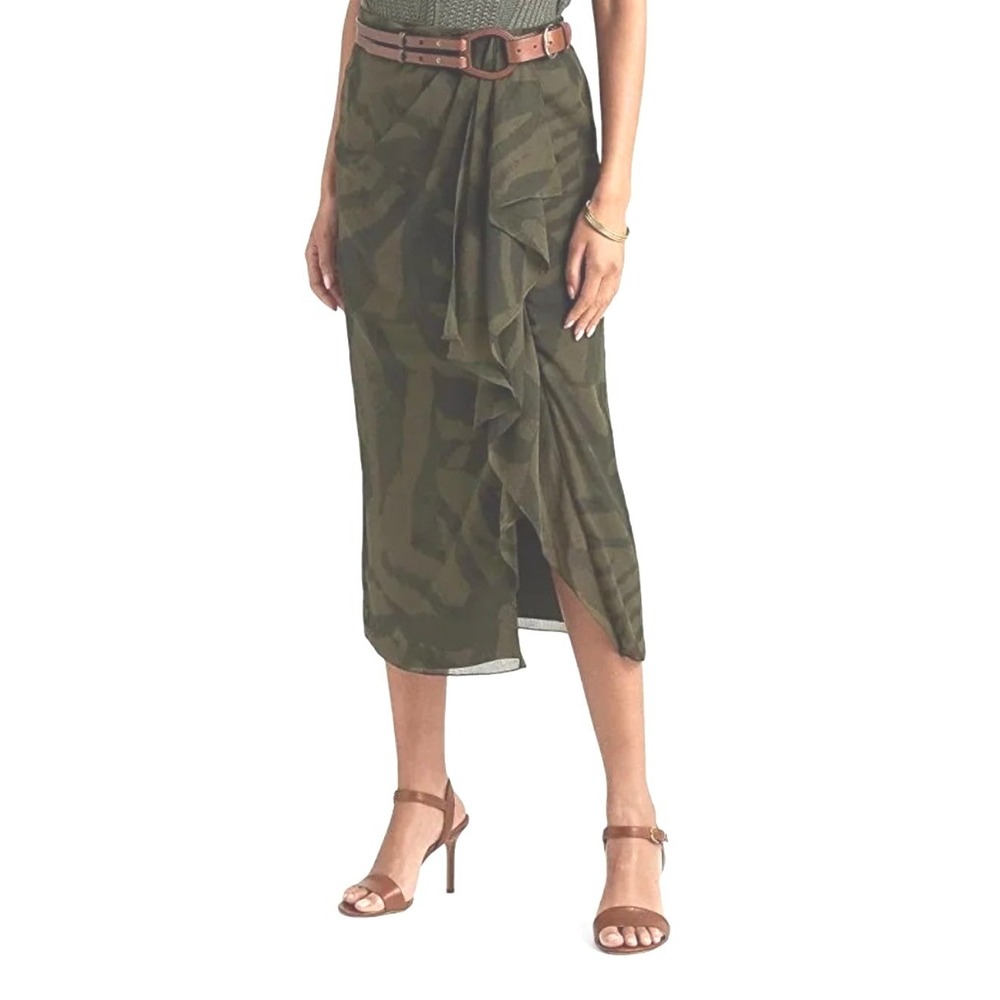 Lauren Ralph Lauren Zebra Print Georgette Midi Skirt Olive Green Size 8 EUC